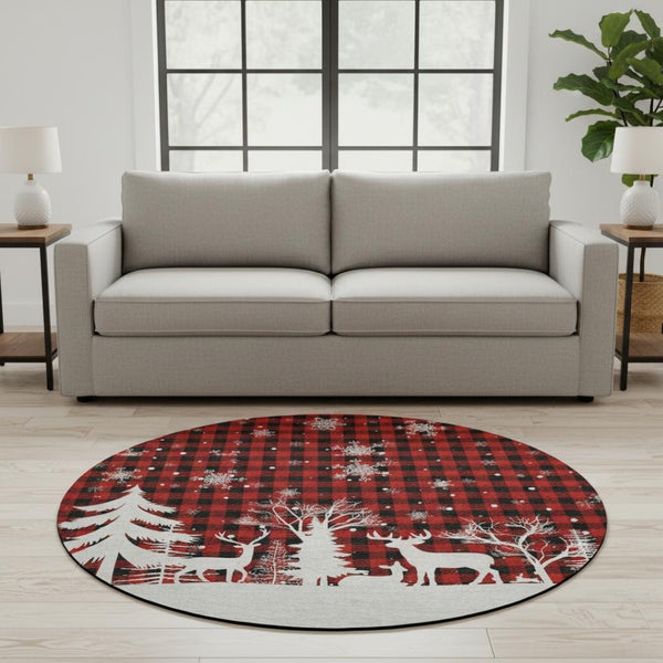 HomeRoots 8' Red Black And Ivory Gingham Round Rug - Washable, UV-Protected, Stain-Resistant & Stylish Decor 702326