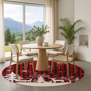 HomeRoots 8' Red Black And Ivory Gingham Round Rug - Washable, UV-Protected, Stain-Resistant & Stylish Decor 702326