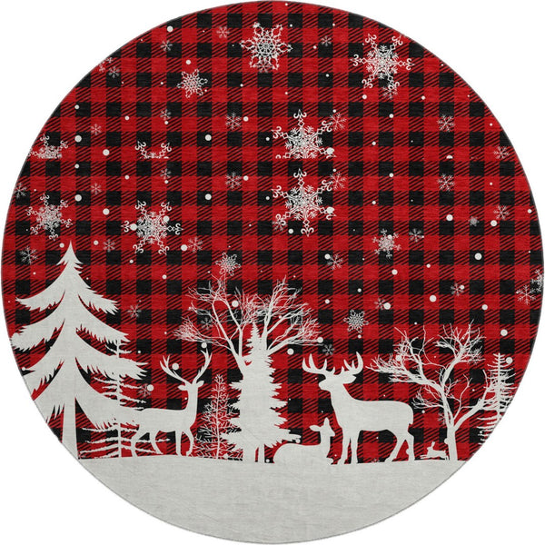 HomeRoots 8' Red Black And Ivory Gingham Round Rug - Washable, UV-Protected, Stain-Resistant & Stylish Decor 702326