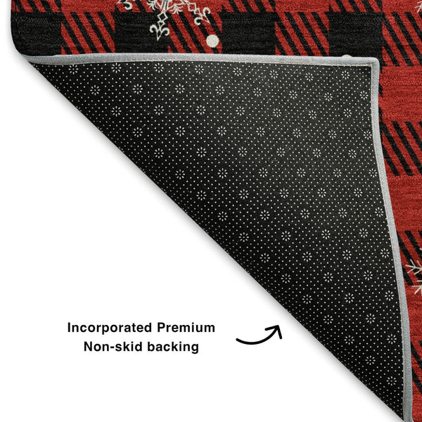HomeRoots 8' Red Black And Ivory Gingham Round Rug - Washable, UV-Protected, Stain-Resistant & Stylish Decor 702326