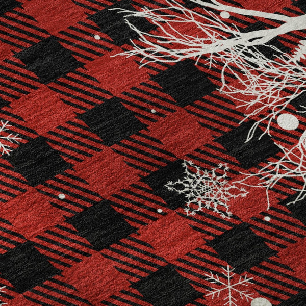 HomeRoots 8' Red Black And Ivory Gingham Round Rug - Washable, UV-Protected, Stain-Resistant & Stylish Decor 702326