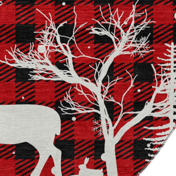 HomeRoots 8' Red Black And Ivory Gingham Round Rug - Washable, UV-Protected, Stain-Resistant & Stylish Decor 702326
