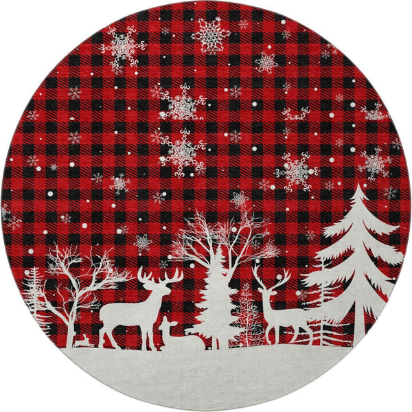 HomeRoots 8' Red Black And Ivory Gingham Round Rug - Washable, UV-Protected, Stain-Resistant & Stylish Decor 702326