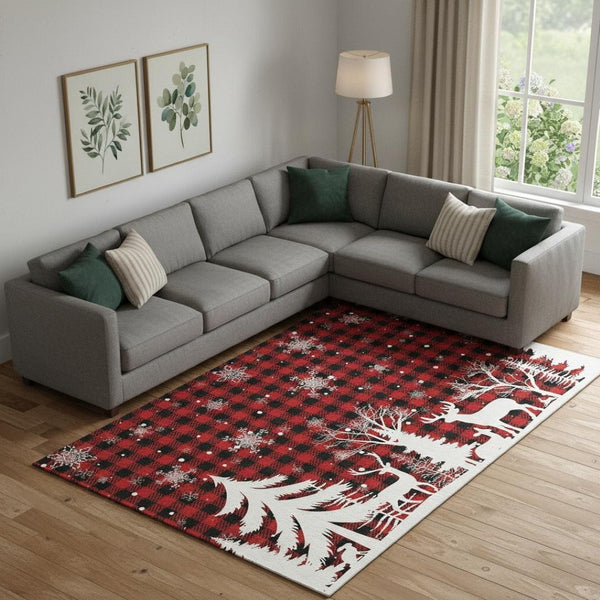 HomeRoots 9' x 12' Classic Red, Black & Ivory Gingham Washable Area Rug with UV Protection for Any Space 702328