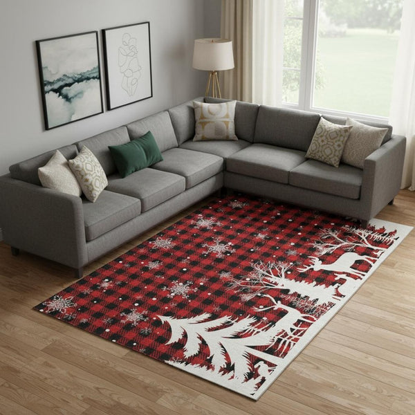 HomeRoots 10' Classic Red Black Ivory Gingham Washable Area Rug - Durable, Stain Resistant, UV Protected Design 702329