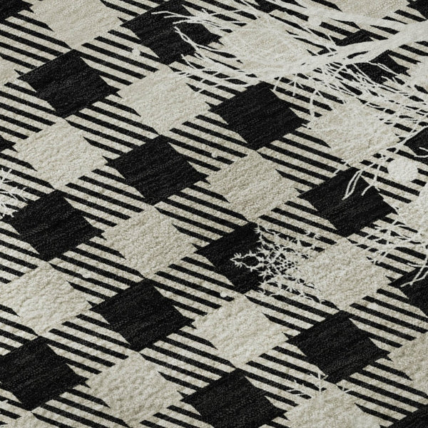 HomeRoots 5' X 8' Washable Gingham Area Rug in Taupe, Black & Ivory - Durable, UV-Protected & Easy-Care Design 702331