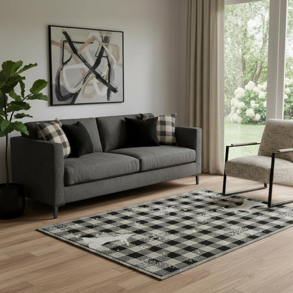 HomeRoots 5' X 8' Washable Gingham Area Rug in Taupe, Black & Ivory - Durable, UV-Protected & Easy-Care Design 702331