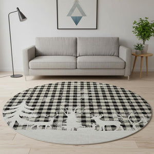 HomeRoots 8' Washable Round Gingham Rug in Taupe, Black & Ivory - UV Protected, Durable & Easy to Clean 702332