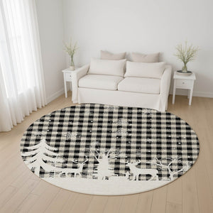 HomeRoots 8' Washable Round Gingham Rug in Taupe, Black & Ivory - UV Protected, Durable & Easy to Clean 702332