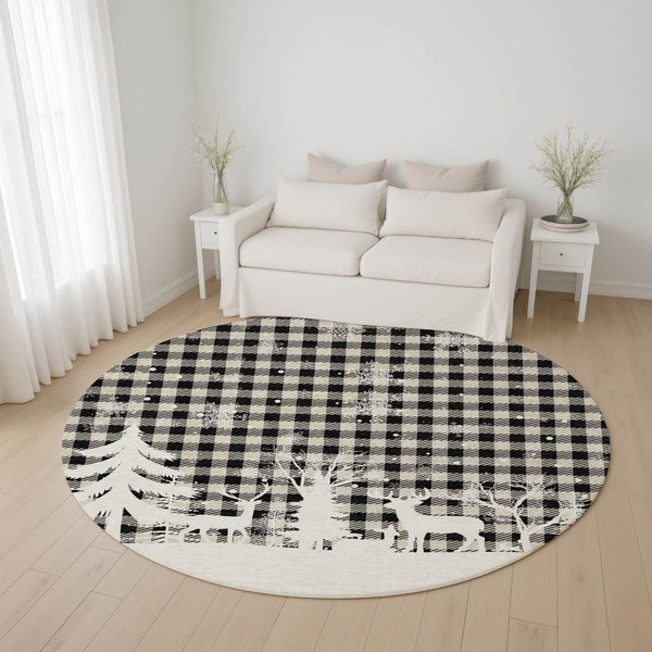 HomeRoots 8' Washable Round Gingham Rug in Taupe, Black & Ivory - UV Protected, Durable & Easy to Clean 702332
