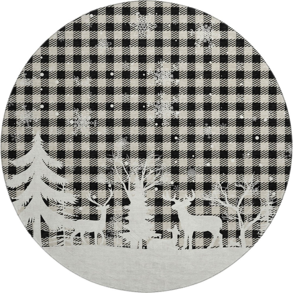 HomeRoots 8' Washable Round Gingham Rug in Taupe, Black & Ivory - UV Protected, Durable & Easy to Clean 702332