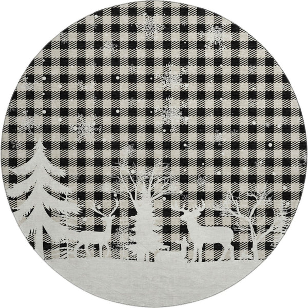 HomeRoots 8' Washable Round Gingham Rug in Taupe, Black & Ivory - UV Protected, Durable & Easy to Clean 702332