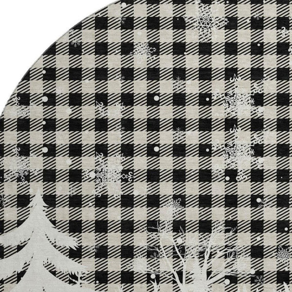 HomeRoots 8' Washable Round Gingham Rug in Taupe, Black & Ivory - UV Protected, Durable & Easy to Clean 702332