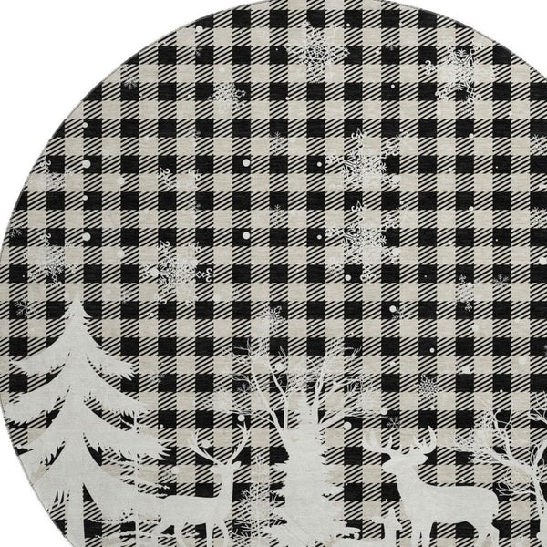 HomeRoots 8' Washable Round Gingham Rug in Taupe, Black & Ivory - UV Protected, Durable & Easy to Clean 702332