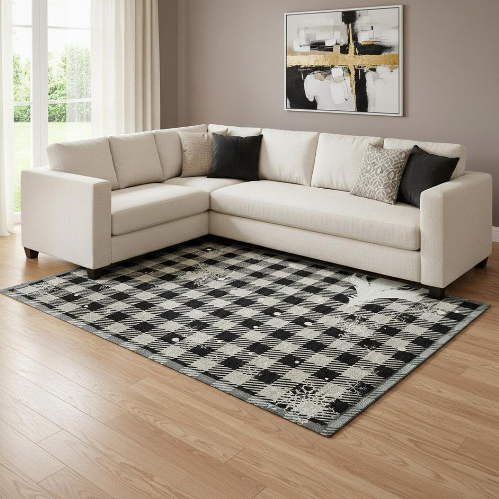 HomeRoots 8' X 10' Gingham Area Rug in Taupe, Black & Ivory - Washable, UV-Protected, Durable for High-Traffic Areas 702333