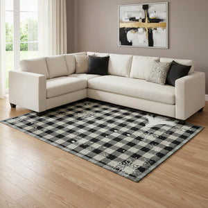 HomeRoots 8' X 10' Gingham Area Rug in Taupe, Black & Ivory - Washable, UV-Protected, Durable for High-Traffic Areas 702333