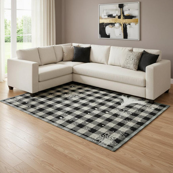 HomeRoots 8' X 10' Gingham Area Rug in Taupe, Black & Ivory - Washable, UV-Protected, Durable for High-Traffic Areas 702333