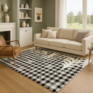 HomeRoots 9' X 12' Taupe, Black & Ivory Gingham Area Rug - Washable, UV Protected, Perfect for High-Traffic Spaces! 702334