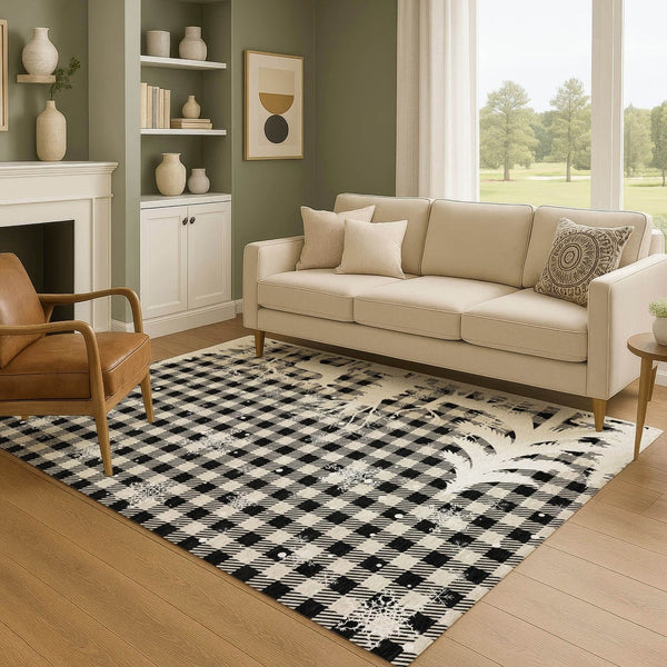 HomeRoots 10' Classic Taupe, Black & Ivory Gingham Area Rug - Washable, UV Protected, Ideal for High-Traffic Spaces 702335
