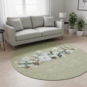 HomeRoots 8' Modern Geometric Artichoke Green Beige Ivory Round Rug - Washable, UV Protected, Non-Slip Safety 702338