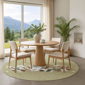 HomeRoots 8' Modern Geometric Artichoke Green Beige Ivory Round Rug - Washable, UV Protected, Non-Slip Safety 702338