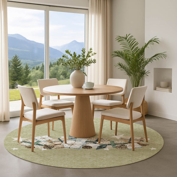 HomeRoots 8' Modern Geometric Artichoke Green Beige Ivory Round Rug - Washable, UV Protected, Non-Slip Safety 702338