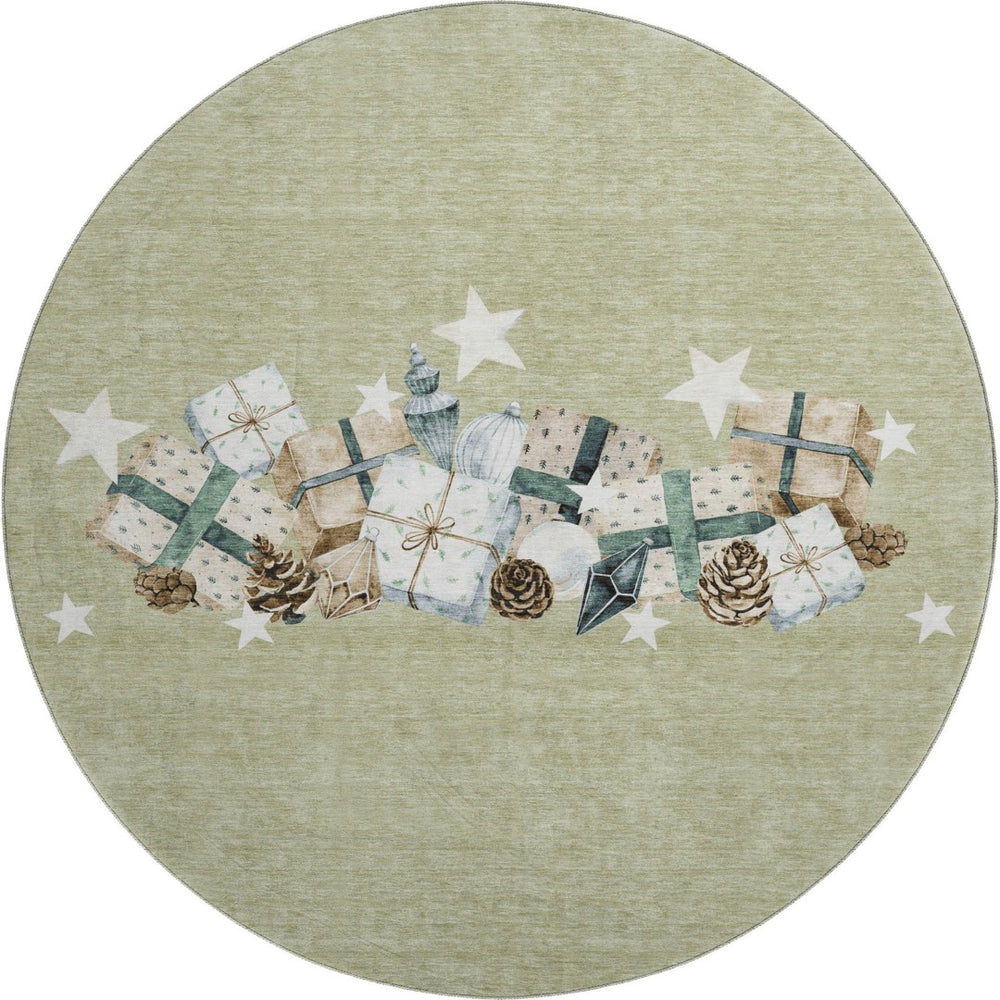 HomeRoots 8' Modern Geometric Artichoke Green Beige Ivory Round Rug - Washable, UV Protected, Non-Slip Safety 702338
