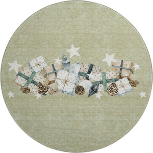 HomeRoots 8' Modern Geometric Artichoke Green Beige Ivory Round Rug - Washable, UV Protected, Non-Slip Safety 702338