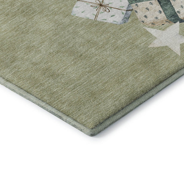 HomeRoots 8' Modern Geometric Artichoke Green Beige Ivory Round Rug - Washable, UV Protected, Non-Slip Safety 702338