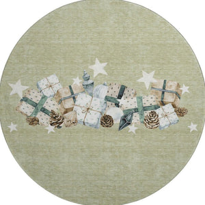 HomeRoots 8' Modern Geometric Artichoke Green Beige Ivory Round Rug - Washable, UV Protected, Non-Slip Safety 702338