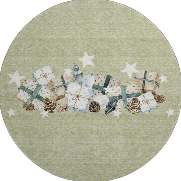 HomeRoots 8' Modern Geometric Artichoke Green Beige Ivory Round Rug - Washable, UV Protected, Non-Slip Safety 702338