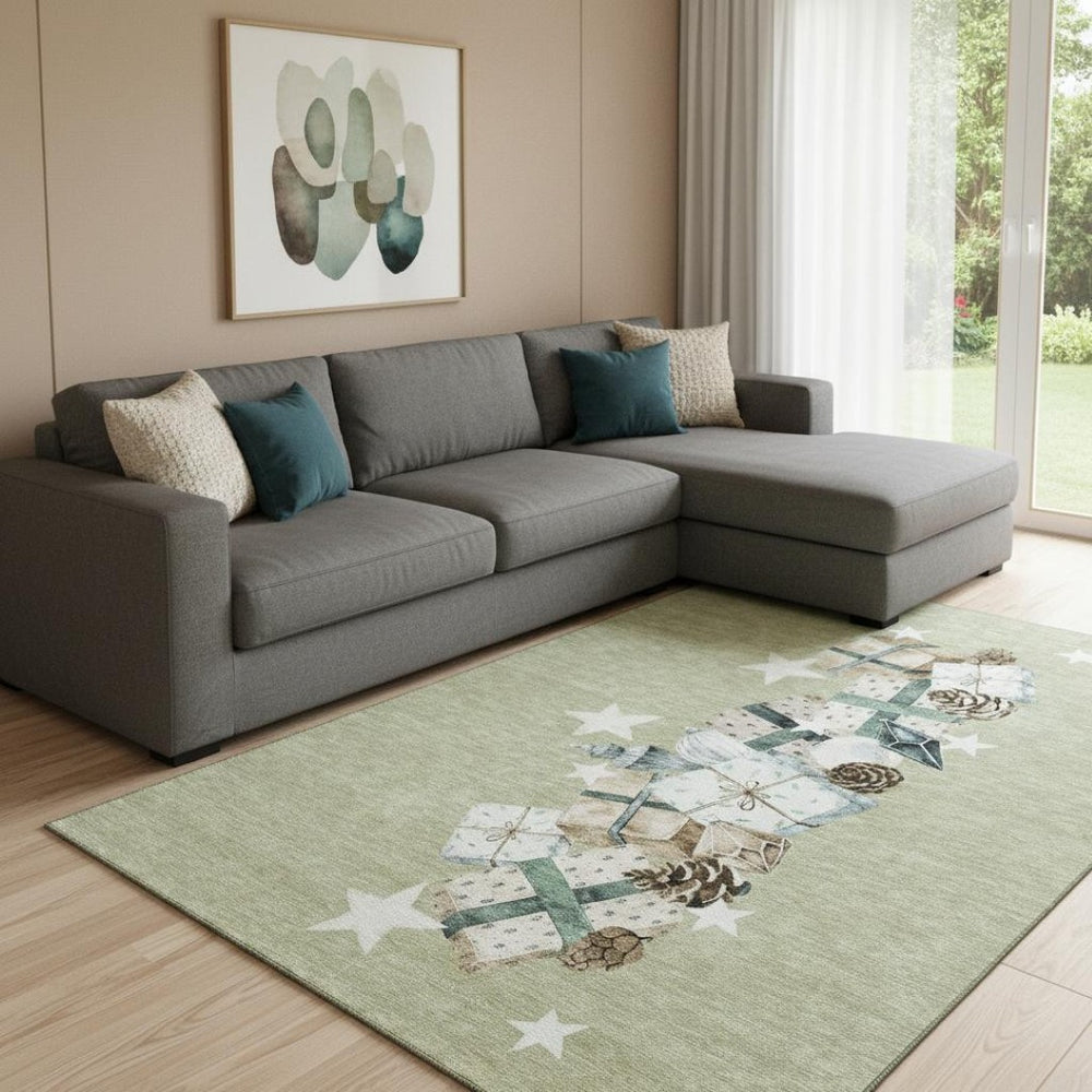 HomeRoots 8' X 10' Artichoke Green Beige Ivory Geometric Area Rug - Washable, UV Protected, Pet-Friendly Design 702339