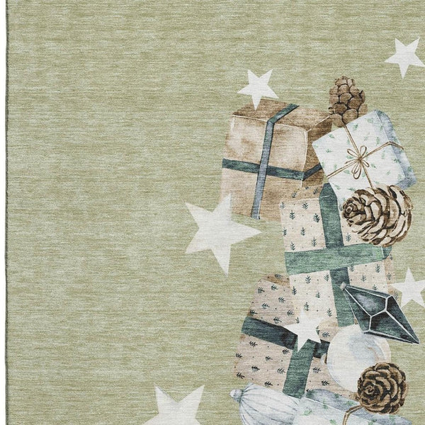 HomeRoots 8' X 10' Artichoke Green Beige Ivory Geometric Area Rug - Washable, UV Protected, Pet-Friendly Design 702339