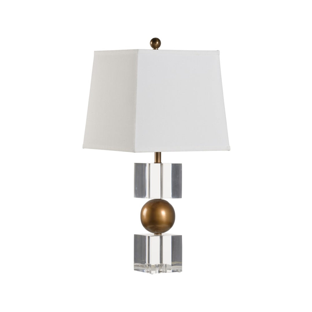 Chelsea House Watts Sculptural Table Lamp With Acrylic Block Base And Antique Brass Sphere, Round White Shade 70234