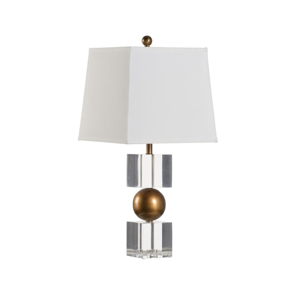 Chelsea House Watts Sculptural Table Lamp With Acrylic Block Base And Antique Brass Sphere, Round White Shade 70234