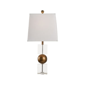 Chelsea House Watts Sculptural Table Lamp With Acrylic Block Base And Antique Brass Sphere, Round White Shade 70234