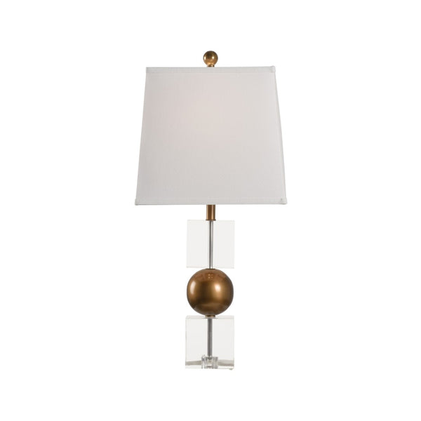 Chelsea House Watts Sculptural Table Lamp With Acrylic Block Base And Antique Brass Sphere, Round White Shade 70234