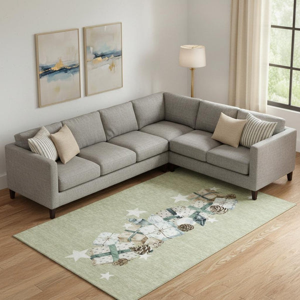 HomeRoots 9' X 12' Artichoke Green Beige Geometric Washable Area Rug with UV Protection for Busy Homes 702340