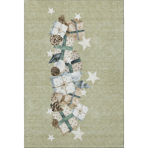 HomeRoots 9' X 12' Artichoke Green Beige Geometric Washable Area Rug with UV Protection for Busy Homes 702340