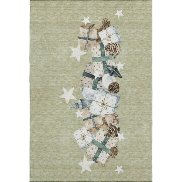 HomeRoots 10' X 14' Artichoke Green Beige Ivory Geometric Area Rug - Durable, Washable, UV Protected & Stylish! 702341