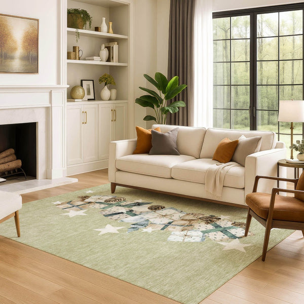 HomeRoots 10' X 14' Artichoke Green Beige Ivory Geometric Area Rug - Durable, Washable, UV Protected & Stylish! 702341