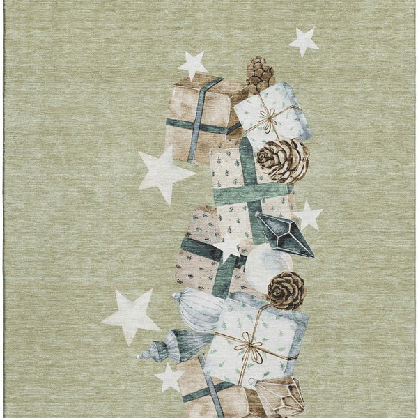 HomeRoots 10' X 14' Artichoke Green Beige Ivory Geometric Area Rug - Durable, Washable, UV Protected & Stylish! 702341
