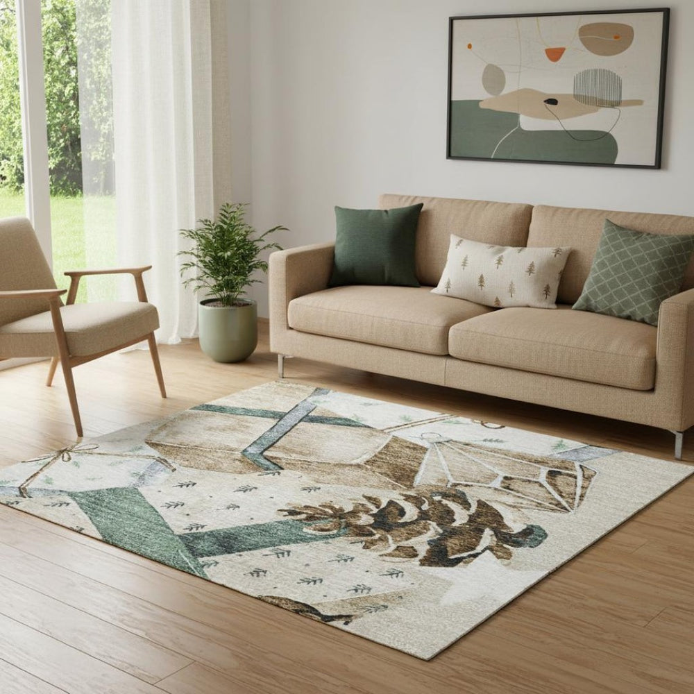 HomeRoots 5' X 8' Modern Beige, Blue & Ivory Geometric Washable Area Rug with UV Protection & Durability 702343