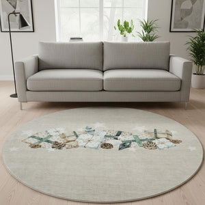 HomeRoots 8' Washable Round Rug in Beige, Blue & Ivory – Durable, Stain-Resistant, UV Protected for Busy Homes! 702344