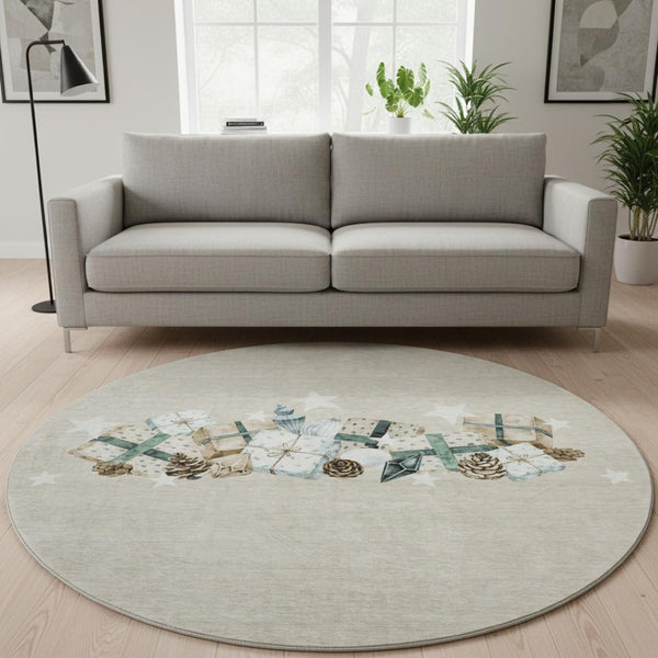 HomeRoots 8' Washable Round Rug in Beige, Blue & Ivory – Durable, Stain-Resistant, UV Protected for Busy Homes! 702344