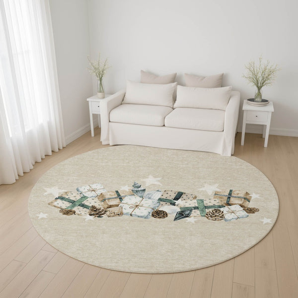 HomeRoots 8' Washable Round Rug in Beige, Blue & Ivory – Durable, Stain-Resistant, UV Protected for Busy Homes! 702344
