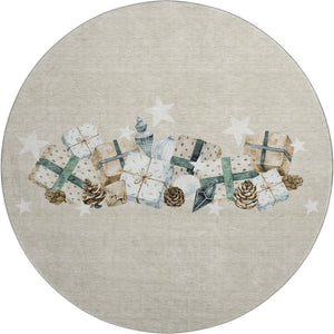 HomeRoots 8' Washable Round Rug in Beige, Blue & Ivory – Durable, Stain-Resistant, UV Protected for Busy Homes! 702344