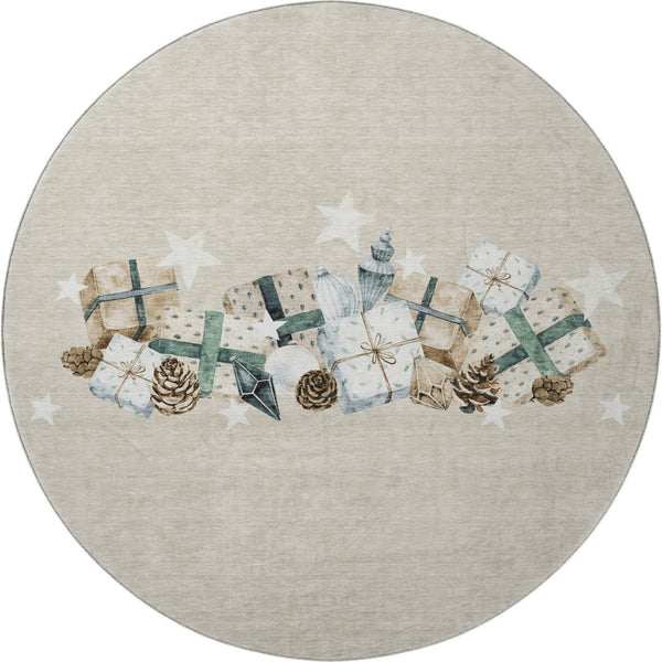 HomeRoots 8' Washable Round Rug in Beige, Blue & Ivory – Durable, Stain-Resistant, UV Protected for Busy Homes! 702344