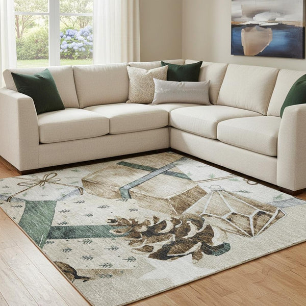 HomeRoots 8' X 10' Modern Beige Blue Ivory Geometric Washable Area Rug with UV Protection & Non-Slip Backing 702345