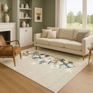 HomeRoots 8' X 10' Modern Beige Blue Ivory Geometric Washable Area Rug with UV Protection & Non-Slip Backing 702345
